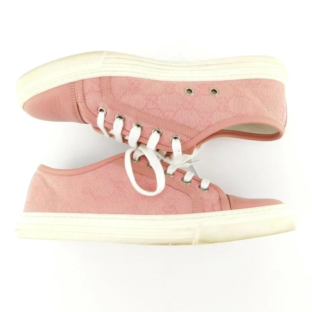 GUCCI Pastel Pink Leather Cap Toe GG Logo Monogram Canvas Lace-up Sneakers 39